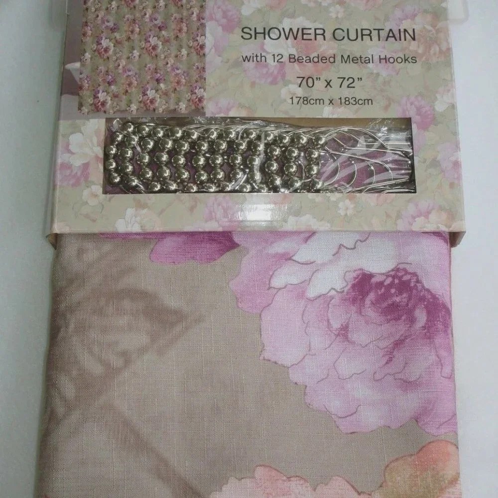 NEW Floral Shower Curtain Set with Roller Ball Beaded Rings Beige Floral Cottage